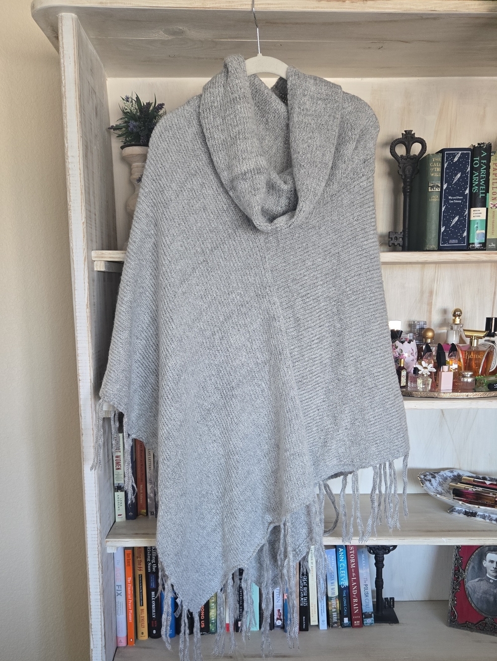 Bass Light Gray Hooded Fringe Poncho Sweater